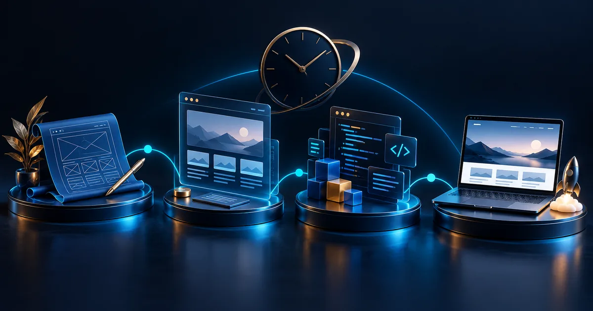 Four project milestones and a clock illustrating a website delivery timeline.