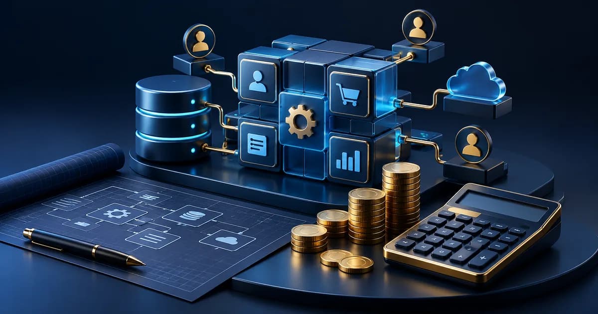 Application modules, database and budgeting tools illustrating software development cost.