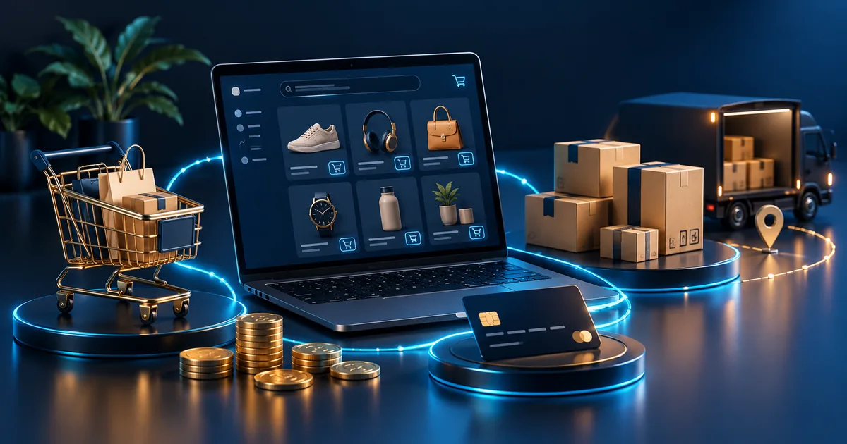 Online store interface, shopping basket, parcels and coins illustrating e-commerce scope.