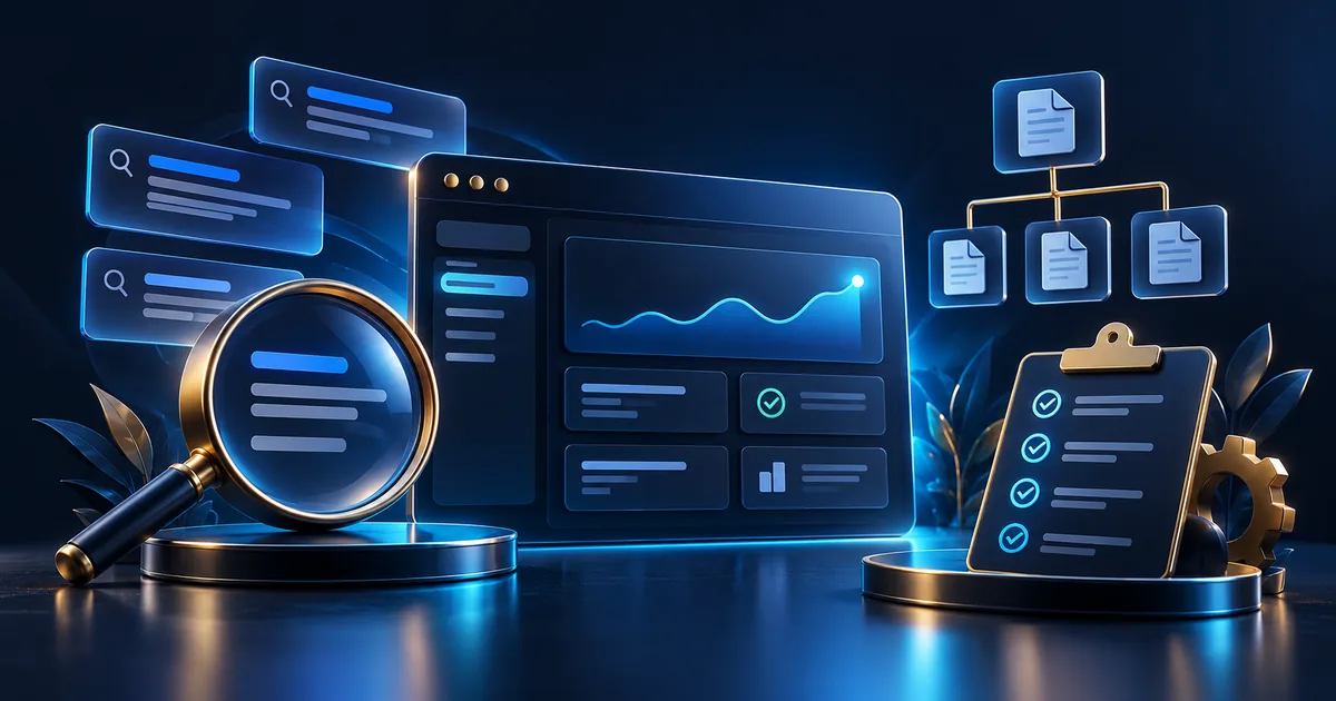Search reporting dashboard with page cards and a sitemap.