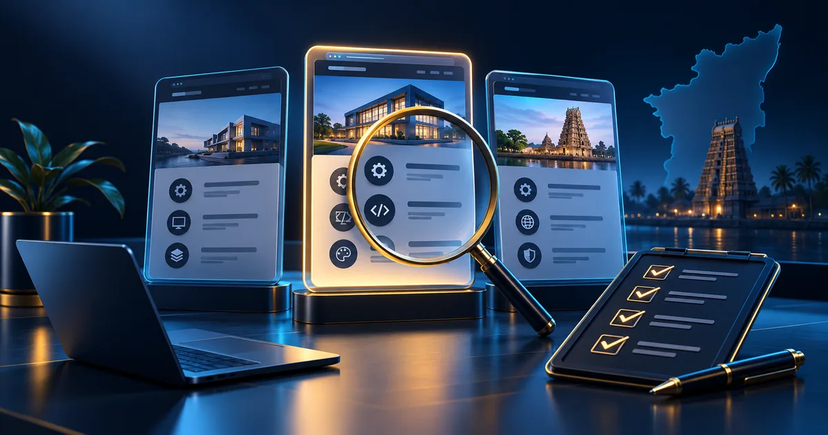 Magnifying glass and proposal boards illustrating comparison of website suppliers.