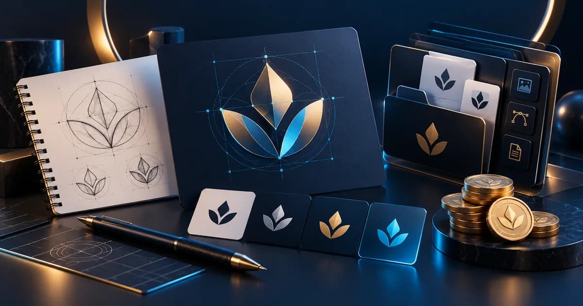 Geometric logo studies, vector controls and coins illustrating logo design scope.