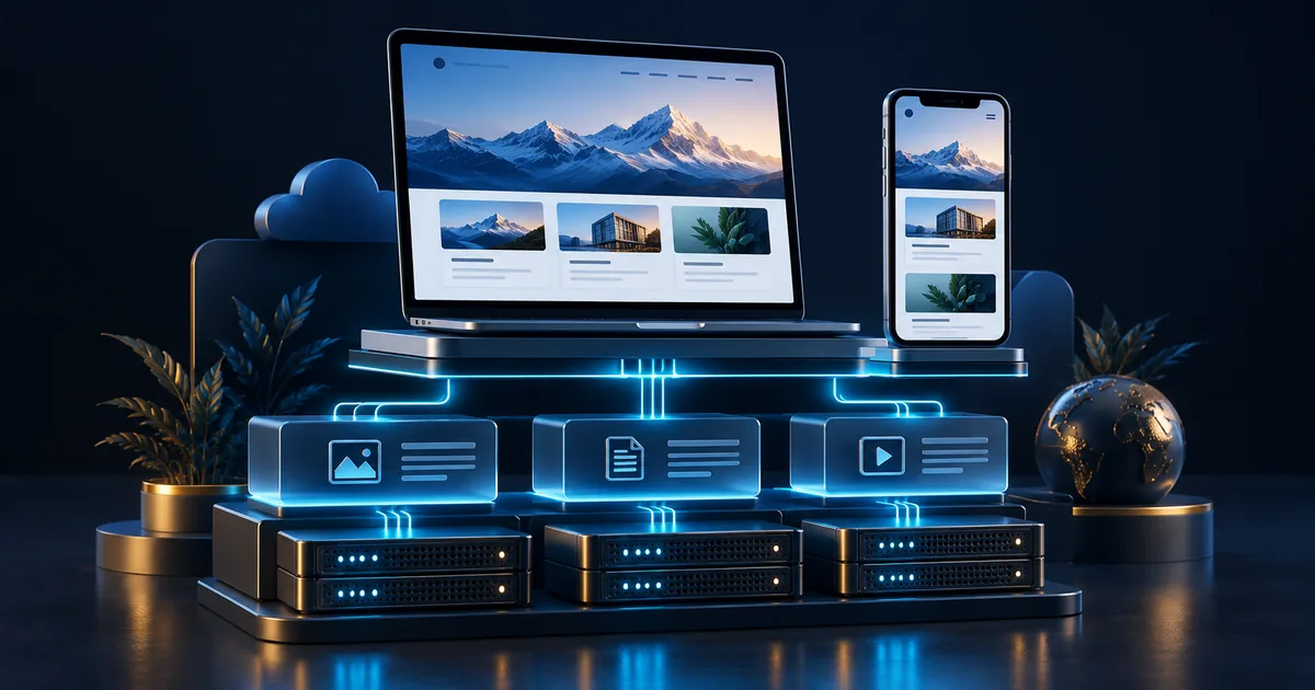 Laptop and phone connected to server and content layers illustrating website architecture.