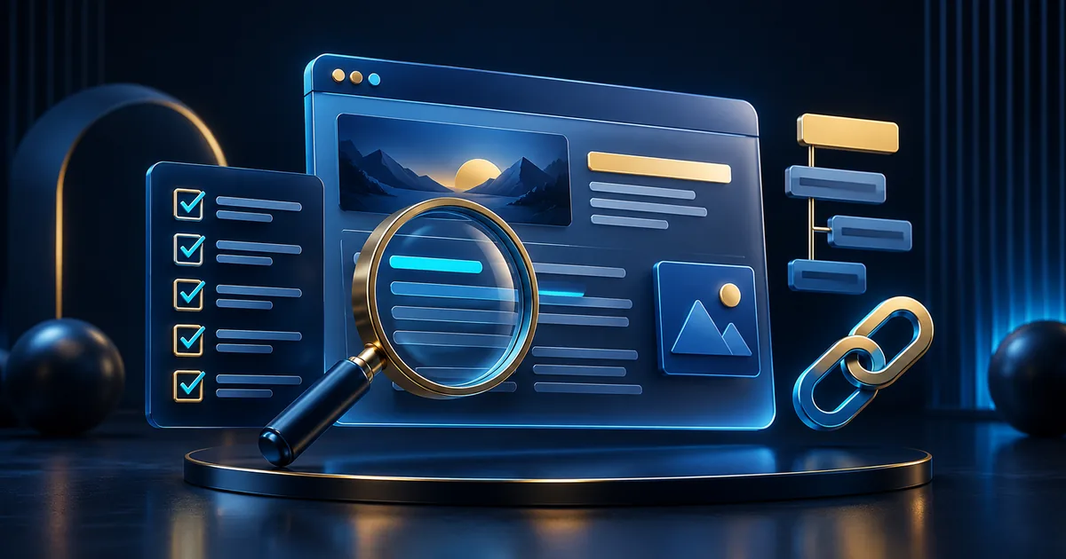 Website panel, magnifying glass and checklist illustrating on-page SEO checks.