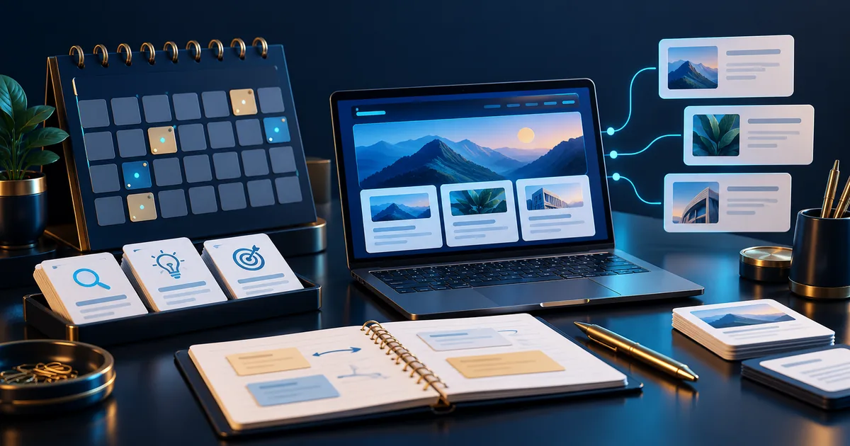 Content calendar and question cards connected to a business website.