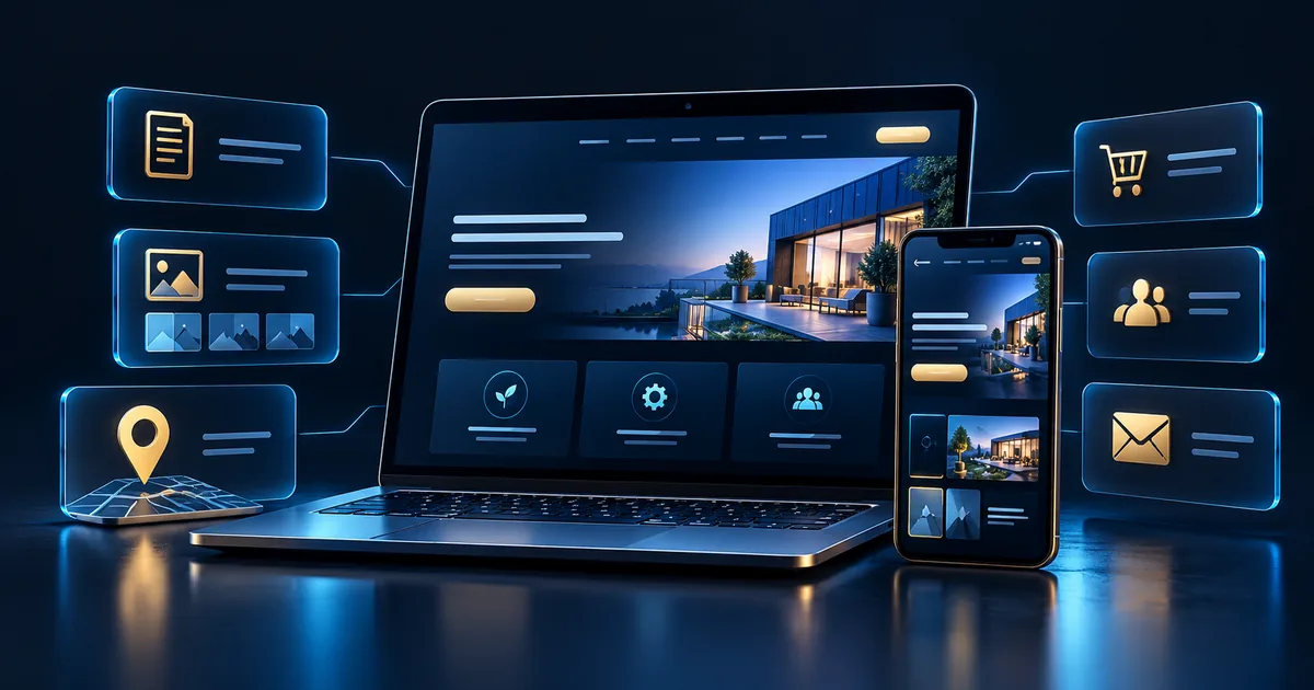 Laptop, phone and service/contact cards illustrating essential business website features.