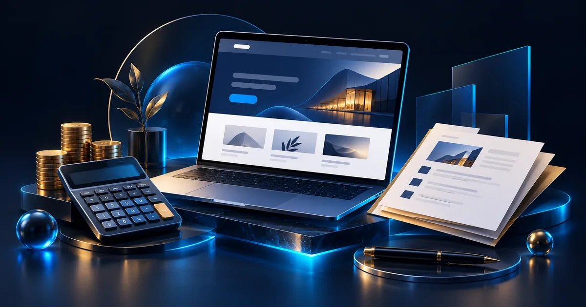 Laptop, calculator and coins illustrating website budgeting.