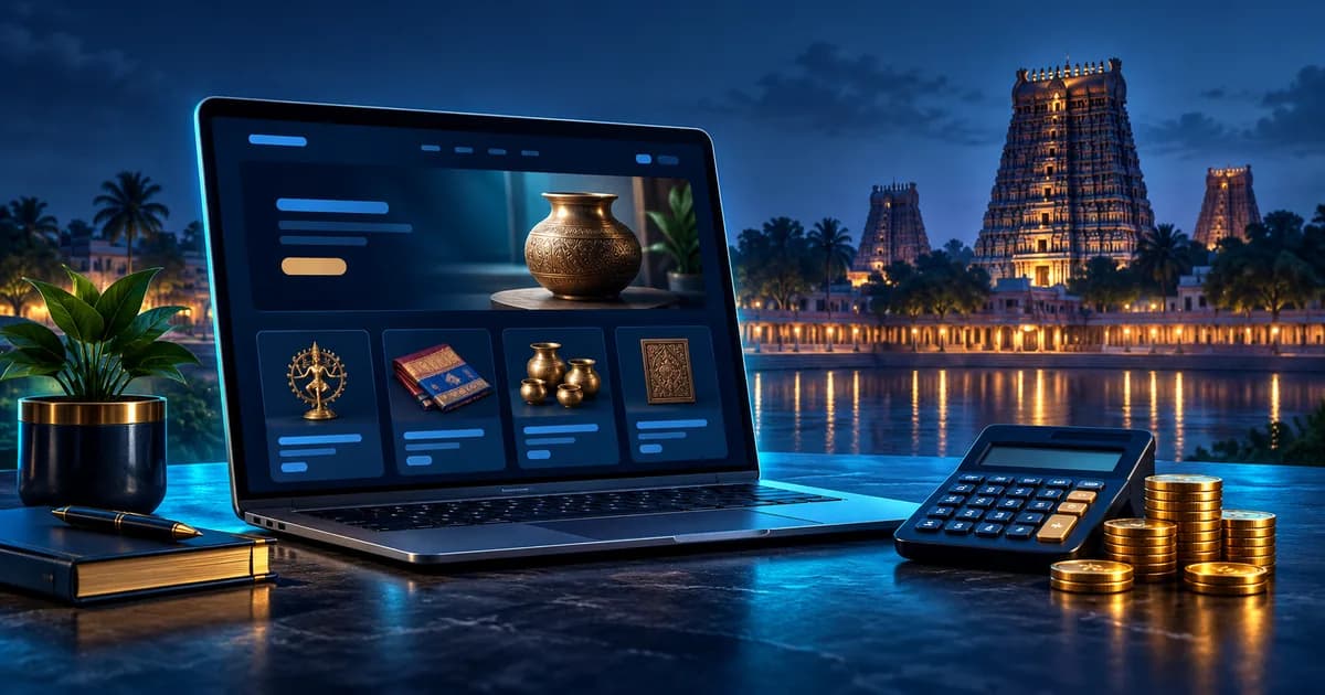 Website catalogue cards and budget tools with a stylised temple silhouette.