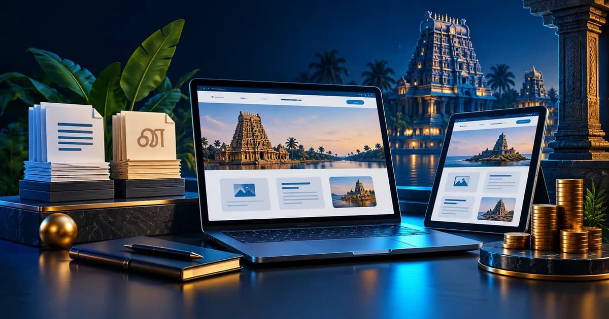 Two website layouts, content documents and coins illustrating bilingual website planning.