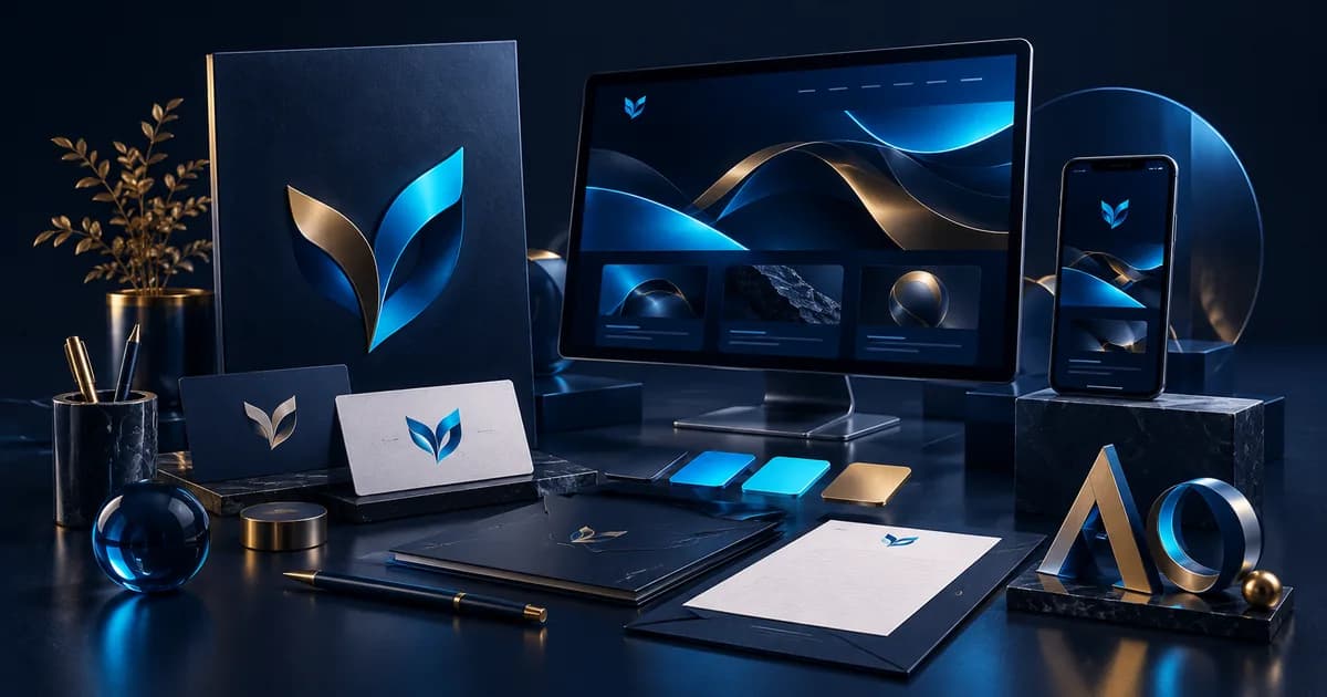 Coordinated logo, colour swatches, stationery and website panel illustrating brand identity.